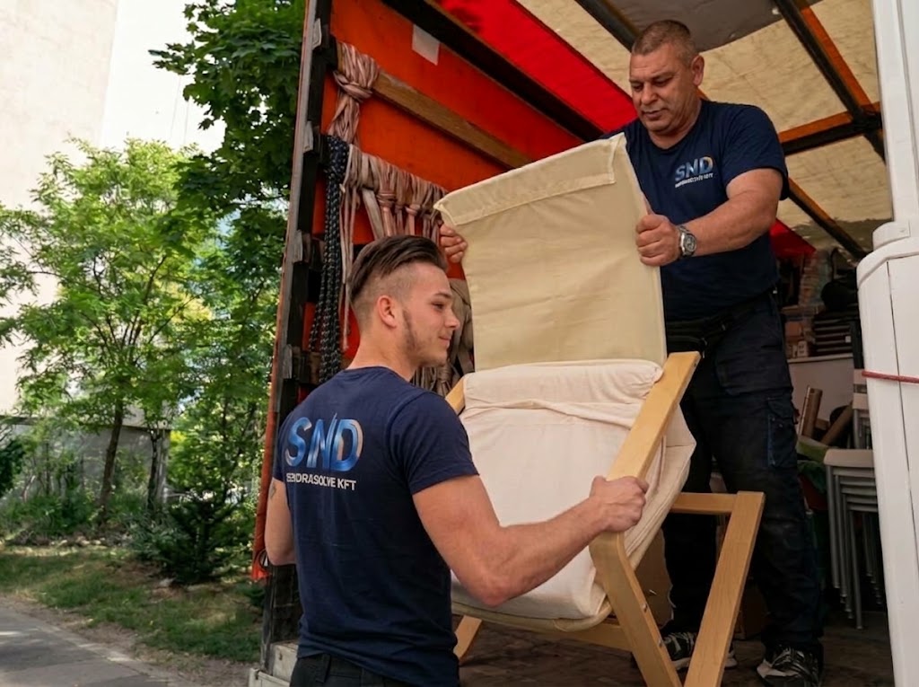 Lakásköltöztetés – két munkatárs egy dobozt visz